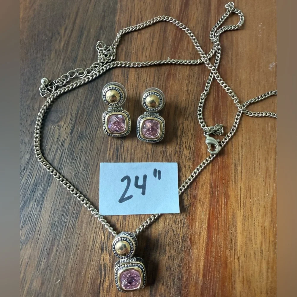 Silver and Gold Tone Necklace Pendant and Pierced Earrings Pink Jewelry Set
